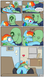 Size: 2000x3500 | Tagged: safe, artist:redruin01, color edit, derpibooru exclusive, edit, rainbow dash, oc, oc:anon, human, pegasus, pony, g4, bandage, blushing, butt, clothes, colored, comic, couch, eyes closed, female, heart, high res, indoors, kissing, male, mare, open mouth, photo, pizza box, plot, refrigerator, shirt, speech bubble, stool, straight, t-shirt