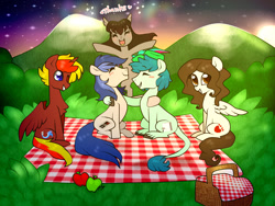 Size: 1600x1200 | Tagged: safe, artist:kaikururu, oc, oc only, earth pony, pegasus, pony, basket, earth pony oc, grin, hug, outdoors, pegasus oc, picnic basket, picnic blanket, smiling, stars, wings