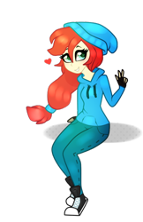 Size: 490x756 | Tagged: safe, artist:kaikururu, oc, oc only, equestria girls, g4, beanie, clothes, converse, equestria girls-ified, eyelashes, female, fingerless gloves, gloves, hat, heart, pants, shoes, simple background, sitting, smiling, sneakers, solo, transparent background