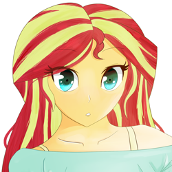 Size: 1372x1372 | Tagged: safe, alternate version, artist:toffrox, derpibooru exclusive, sunset shimmer, equestria girls, g4, bra, bra strap, bust, clothes, cropped, eye clipping through hair, eyebrows, eyebrows visible through hair, female, looking at you, simple background, solo, underwear, white background