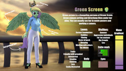 Size: 3840x2160 | Tagged: safe, artist:dangerousdpad, oc, oc only, oc:green screen, changeling, pegasus, anthro, plantigrade anthro, 3d, breasts, clothes, female, high res, reference, reference sheet, shirt, solo, source filmmaker, spread wings, standing, wings