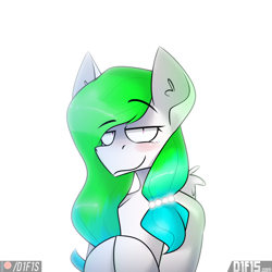 Size: 2560x2560 | Tagged: safe, artist:difis, oc, oc:aurora wing, aeroverse, blushing, bust, high res, hooves together, jewelry, lidded eyes, looking at you, raised eyebrow, simple background, smiling, smug