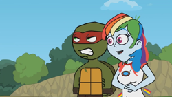 Size: 1280x720 | Tagged: safe, rainbow dash, equestria girls, g4, angry, camp everfree outfits, crossover, eddy misbehaves at camp goville, goanimate, gritted teeth, laughing, raphael, scenery, teenage mutant ninja turtles, tmnt 2012