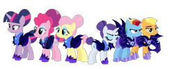 Size: 1447x580 | Tagged: safe, artist:sunmint234, applejack, fluttershy, pinkie pie, rainbow dash, rarity, twilight sparkle, alicorn, bat pony, pegasus, pony, unicorn, g4, alternate timeline, angry, bat wings, eyes closed, eyeshadow, female, frown, hair, helmet, makeup, mane six, mare, nightmare takeover timeline, simple background, spread wings, timeline, transparent background, twilight sparkle (alicorn), wings