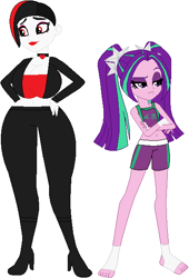 Size: 416x612 | Tagged: safe, artist:darthrivan, artist:sturk-fontaine, aria blaze, oc, oc:rose dalmatian, equestria girls, g4, alternate universe, base used, big breasts, breasts, choker, clothes, foot wraps, hand wraps, huge breasts, jacket, leather jacket, lipstick, shorts, simple background, sports bra, sports shorts, sports tape, white background, wide hips