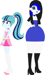 Size: 378x630 | Tagged: safe, artist:sturk-fontaine, sonata dusk, oc, oc:violet dalmatian, equestria girls, g4, alternate universe, base used, big breasts, blue lipstick, breasts, choker, clothes, hair over one eye, jacket, leather jacket, pop star, simple background, white background, wide hips