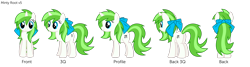 Size: 4740x1264 | Tagged: safe, artist:minty root, oc, oc only, oc:minty root, pony, unicorn, angle, blue eyes, bow, female, front view, full body, hair bow, hooves, horn, mare, profile, rear view, reference sheet, show accurate, side view, simple background, smiling, solo, standing, story included, tail, three quarter view, transparent background, turnaround, two toned mane, two toned tail, unicorn oc, vector