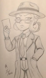 Size: 800x1343 | Tagged: safe, artist:mayorlight, sugarcoat, equestria girls, g4, my little pony equestria girls: friendship games, alternate hairstyle, clothes, detective, fedora, glasses, hand in pocket, hat, monochrome, necktie, noir, pencil drawing, simple background, solo, suit, traditional art, trenchcoat