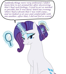 Size: 500x560 | Tagged: safe, artist:ask--luna-and-rarity, rarity, pony, unicorn, tumblr:ask luna and rarity, g4, alternate hairstyle, female, hair styling, implied lesbian, implied rariluna, implied shipping, mirror, simple background, solo, white background