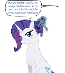 Size: 500x560 | Tagged: safe, artist:ask--luna-and-rarity, rarity, pony, unicorn, tumblr:ask luna and rarity, g4, alternate hairstyle, blushing, female, flower, flower in hair, hair styling, implied lesbian, implied princess luna, implied rariluna, implied shipping, offscreen character, rose, simple background, white background