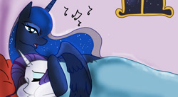 Size: 1200x656 | Tagged: safe, artist:ask--luna-and-rarity, princess luna, rarity, alicorn, pony, unicorn, g4, bed, blanket, comforting, female, hug, lesbian, lullaby, pillow, ship:rariluna, shipping, singing, winghug, wings