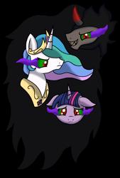 Size: 1332x1976 | Tagged: safe, artist:novaspark, king sombra, princess celestia, twilight sparkle, alicorn, pony, umbrum, unicorn, g4, the crystal empire, corrupted celestia, dark magic, darkness, jewelry, magic, peytral, sombra eyes, tiara, trio, unicorn twilight