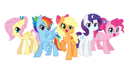 Size: 5000x2500 | Tagged: safe, artist:kianamai, edit, editor:enrique zx, vector edit, applejack, fluttershy, pinkie pie, rainbow dash, rarity, earth pony, pegasus, pony, unicorn, g4, alternate design, alternate hairstyle, alternate universe, background removed, cute, dashabetes, diabetes, diapinkes, folded wings, horn, jackabetes, ponytail, raribetes, shyabetes, simple background, spanish, spanish description, spanish text, teenager, translated in the comments, transparent background, vector, wings, wings down, younger