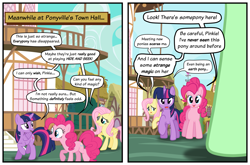 Size: 2567x1694 | Tagged: safe, artist:memprices, fluttershy, pinkie pie, twilight sparkle, oc, alicorn, earth pony, pegasus, pony, comic:where does magic come from?, g4, comic, female, high res, mare, oc unknown, offscreen character, ponyville town hall, speech bubble, twilight sparkle (alicorn), vector