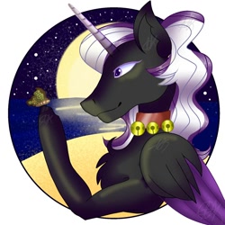 Size: 1500x1500 | Tagged: safe, artist:teonnakatztkgs, oc, oc only, alicorn, pony, alicorn oc, bust, chest fluff, collar, colored wings, commission, female, full moon, horn, mare, moon, night, simple background, smiling, solo, stars, two toned wings, white background, wings, ych result