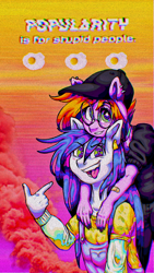Size: 1080x1920 | Tagged: safe, artist:porcelanowyokular, oc, oc only, earth pony, anthro, :d, bandaid, clothes, duo, ear piercing, earth pony oc, glasses, hat, open mouth, open smile, piercing, round glasses, smiling