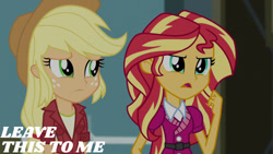 Size: 1280x720 | Tagged: safe, edit, edited screencap, editor:quoterific, screencap, applejack, sunset shimmer, equestria girls, g4, my little pony equestria girls: friendship games, applejack's hat, cowboy hat, duo, duo female, female, hat, open mouth