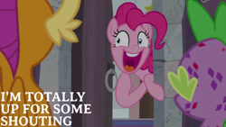 Size: 1280x720 | Tagged: safe, edit, edited screencap, editor:quoterific, screencap, pinkie pie, smolder, spike, dragon, earth pony, pony, g4, molt down, season 8, dragoness, female, male, mare, open mouth, open smile, smiling, trio, yelling
