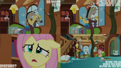 Size: 1280x720 | Tagged: safe, edit, edited screencap, editor:quoterific, screencap, angel bunny, discord, fluttershy, draconequus, pegasus, pony, rabbit, discordant harmony, g4, season 7, angel bunny is not amused, animal, female, floppy ears, fluttershy's cottage, male, mare, open mouth