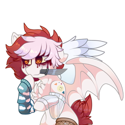 Size: 1500x1500 | Tagged: safe, artist:star-theft, oc, oc only, bat pony, pony, chest fluff, clothes, knife, leg warmers, mouth hold, simple background, solo, transparent background