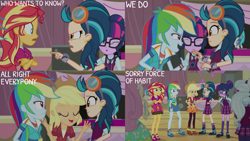 Size: 1280x720 | Tagged: safe, edit, edited screencap, editor:quoterific, screencap, applejack, dj pon-3, fluttershy, indigo zap, rainbow dash, sci-twi, sugarcoat, sunset shimmer, thunderbass, twilight sparkle, vinyl scratch, equestria girls, friendship games bloopers, g4, my little pony equestria girls: friendship games, :o, applejack's hat, clothes, cowboy hat, crossed arms, eyes closed, female, glasses, hat, open mouth, open smile, ponied up, ponytail, shoes, smiling