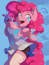 Size: 1638x2160 | Tagged: safe, artist:hakkids2, pinkie pie, earth pony, anthro, g4, chest fluff, clothes, peace sign, socks, solo, stockings, thigh highs