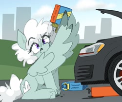 Size: 2000x1672 | Tagged: safe, artist:rellopone, oc, oc only, oc:overcastpone, pegasus, pony, car, chest fluff, cloud, hooves, oil, pegasus oc, raised eyebrow, sitting, solo, volkswagen, wing hands, wings