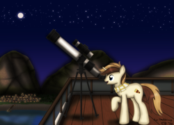 Size: 1503x1080 | Tagged: safe, artist:99999999000, oc, oc only, oc:cream brun, pony, unicorn, clothes, male, moon, mountain, night, scarf, solo, stallion, stars, striped scarf, telescope, town