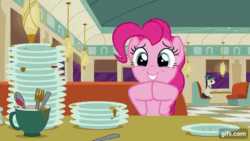 Size: 640x360 | Tagged: safe, screencap, pinkie pie, sweet service, earth pony, pony, g4, season 6, the saddle row review, animated, bill, booth, diner, female, floppy ears, gif, gifs.com, grin, male, mare, open mouth, open smile, smiling, stallion