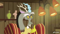 Size: 640x360 | Tagged: safe, screencap, discord, draconequus, dungeons and discords, g4, season 6, animated, discord's celestia face, gif, gifs.com, horn, male, open mouth, open smile, smiling, solo