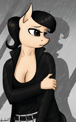 Size: 800x1280 | Tagged: safe, artist:apocheck13, oc, oc only, oc:elya, earth pony, anthro, anthro oc, arm grab, belt, clothes, earth pony oc, female, frown, jacket, leather jacket, looking away, solo, worried