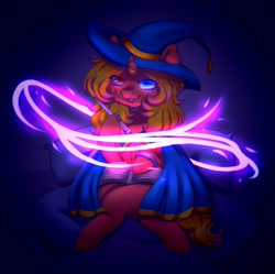 Size: 1812x1803 | Tagged: safe, alternate version, artist:zowzowo, oc, oc:cinnamon swirl, pony, unicorn, book, cloak, clothes, glowing, glowing eyes, hat, magic, solo, spellbook, witch, witch hat