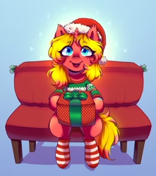 Size: 1202x1358 | Tagged: safe, artist:zowzowo, oc, oc:cinnamon swirl, pony, bench, christmas, clothes, hat, holiday, looking at you, present, santa hat, sitting, socks, solo, striped socks, winter, winter outfit