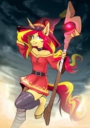 Size: 1668x2388 | Tagged: safe, artist:buvanybu, sunset shimmer, unicorn, anthro, unguligrade anthro, g4, anime, belt, clothes, cloud, cloven hooves, cosplay, costume, cute, dress, female, hat, hooves, horn, konosuba, megumin, scepter, shimmerbetes, smiling, solo, staff, witch hat