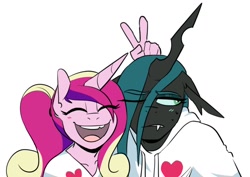 Size: 1020x721 | Tagged: safe, artist:redxbacon, princess cadance, queen chrysalis, alicorn, changeling, changeling queen, anthro, g4, blushing, clothes, eyes closed, female, hoodie, infidelity, lesbian, open mouth, open smile, peace sign, ponytail, ship:cadalis, shipping, simple background, smiling, white background