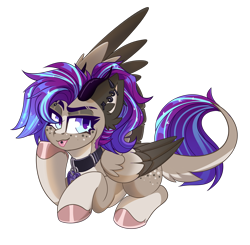 Size: 2000x1957 | Tagged: safe, artist:star-theft, oc, oc only, oc:ouija, pegasus, pony, collar, colored hooves, countershading, ear fluff, ear piercing, earring, female, freckles, full body, hoof polish, hooves, jewelry, leonine tail, looking at you, lying down, mare, one wing out, pegasus oc, piercing, prone, simple background, solo, tail, three quarter view, transparent background, wing fluff, wings