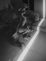 Size: 2048x2732 | Tagged: safe, artist:blue ink, oc, oc only, oc:blackjack, cyborg, pony, unicorn, fallout equestria, fallout equestria: project horizons, augmented, grayscale, gun, high res, missing cutie mark, monochrome, solo, sword, weapon