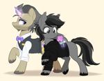Size: 2557x2000 | Tagged: safe, artist:higgly-chan, oc, oc only, oc:grey matter, oc:mystic cache, earth pony, pony, unicorn, beard, blushing, bowtie, clothes, cute, ear tufts, facial hair, female, flower, hoodie, horn, horn ring, jacket, jewelry, magic, male, mare, missing cutie mark, raised hoof, ring, shirt, simple background, stallion, straight, telekinesis, unshorn fetlocks, vest
