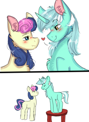 Size: 2200x3000 | Tagged: safe, artist:valkiria, bon bon, lyra heartstrings, sweetie drops, earth pony, pony, unicorn, g4, blushing, cute, female, heart, high res, lesbian, looking at each other, looking at someone, missing cutie mark, ship:lyrabon, shipping, simple background, table