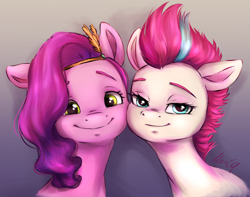 Size: 2244x1764 | Tagged: safe, artist:buttersprinkle, pipp petals, zipp storm, pegasus, pony, g5, my little pony: a new generation, bust, duo, duo female, female, gradient background, looking at you, mare, royal sisters (g5), siblings, sisters, smiling, smiling at you
