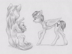Size: 2696x2009 | Tagged: safe, artist:joestick, oc, oc only, earth pony, pegasus, pony, unicorn, female, foal, high res, mare, monochrome, traditional art