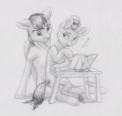 Size: 2134x2030 | Tagged: safe, artist:joestick, oc, oc only, oc:sheron, pegasus, pony, unicorn, book, female, high res, mare, monochrome, table, traditional art