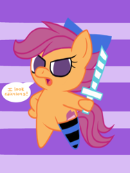 Size: 960x1280 | Tagged: safe, artist:candycicada, scootaloo, pegasus, pony, g4, anarchy stocking, bipedal, bow, clothes, cosplay, costume, hair bow, japanese, mariya ise, panty and stocking with garterbelt, purple background, purple eyes, simple background, speech bubble, stockaloo, stockings, sword, text, thigh highs, voice actor joke, weapon