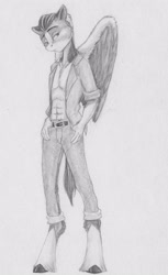 Size: 2249x3678 | Tagged: safe, artist:joestick, oc, oc only, pegasus, anthro, unguligrade anthro, clothes, high res, jeans, male, monochrome, pants, shirt, stallion, traditional art