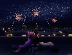 Size: 3250x2500 | Tagged: safe, artist:vezja, oc, oc only, oc:cj, pony, balcony, building, bulgaria, can, city, commission, duo, female, fireworks, flag, flag pole, happy new year, high res, holiday, looking away, lying down, male, mare, mountain, night, phone, plate, prone, rear view, sky, stallion, stars
