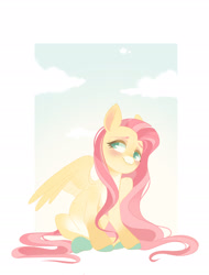 Size: 1983x2610 | Tagged: safe, artist:irusumau, fluttershy, pegasus, pony, g4, blushing, coat markings, colored hooves, colored pupils, countershading, cute, facial markings, female, hair physics, high res, long mane, looking away, looking sideways, looking up, mane physics, mare, outdoors, pale belly, partially open wings, passepartout, shyabetes, sitting, sky background, smiling, snip (coat marking), solo, three quarter view, wings
