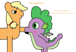 Size: 750x514 | Tagged: safe, artist:liamrev, applejack, spike, dragon, earth pony, pony, g4, 1000 hours in ms paint, bedroom eyes, blushing, female, flirting, imminent sex, implied rarity, implied sex, male, missing accessory, ship:applespike, shipping, simple background, straight, tail, tailboner, white background