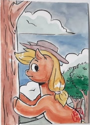 Size: 1377x1902 | Tagged: safe, artist:raph13th, applejack, earth pony, pony, g4, apple, apple tree, applejack's hat, bucking, cloud, cowboy hat, food, hat, looking at something, sky, solo, traditional art, tree, tree branch, watercolor painting