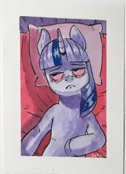 Size: 1373x1881 | Tagged: safe, artist:raph13th, twilight sparkle, pony, g4, bed, distant stare, lying down, lying on bed, on bed, pillow, red eyes, solo, traditional art, watercolor painting