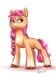 Size: 1156x1564 | Tagged: safe, artist:buttersprinkle, sunny starscout, earth pony, pony, g5, my little pony: a new generation, braid, colored sketch, eyebrows, female, full body, hooves, mare, shadow, signature, simple background, solo, standing, tail, three quarter view, unshorn fetlocks, white background